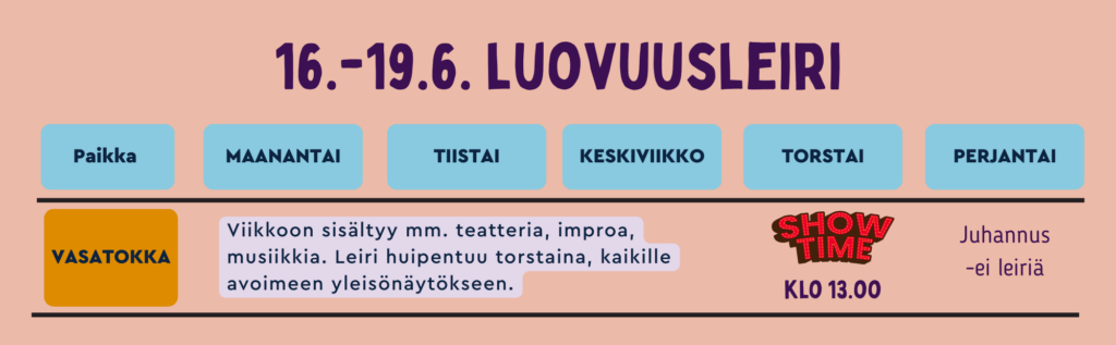 Kesäleiri 16.-19.6. lukujärjestys